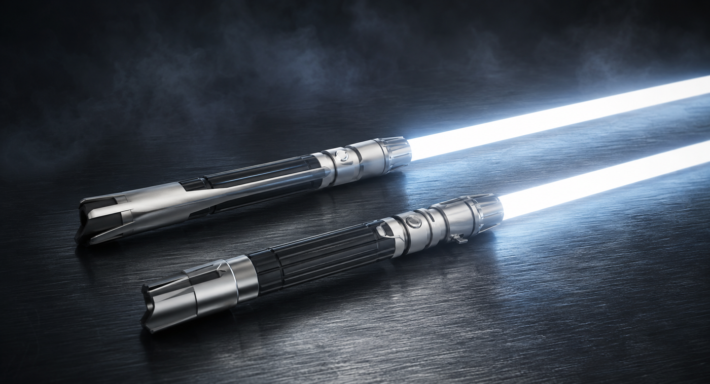 Two white-bladed original sci-fi sabers for the Ahsoka Series collection