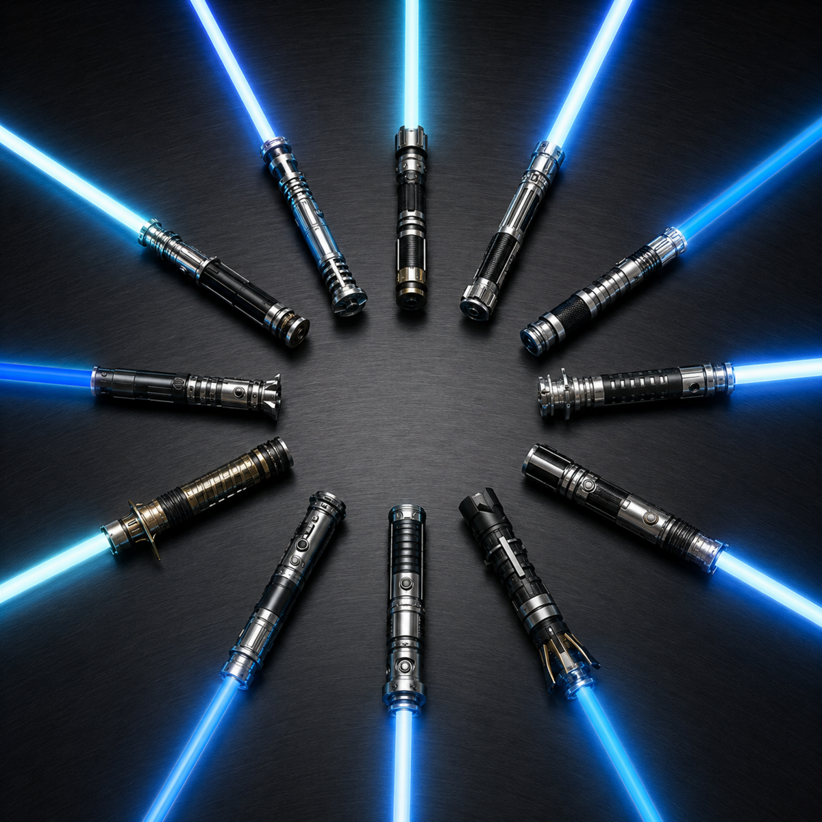 Twelve original blue-bladed saber designs arranged for comparison
