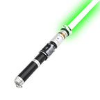 Cere lightsaber with ignited green blade on dark background