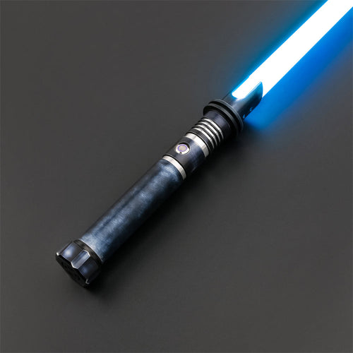 Deep Current lightsaber with blue ignited blade on dark studio background