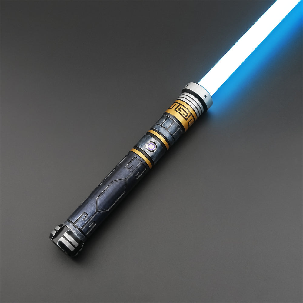 ET3 lightsaber with ignited blue blade on dark grey supplier background
