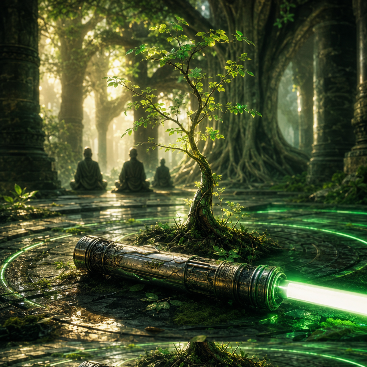 An ancient green saber beside a young tree in a guardian sanctuary