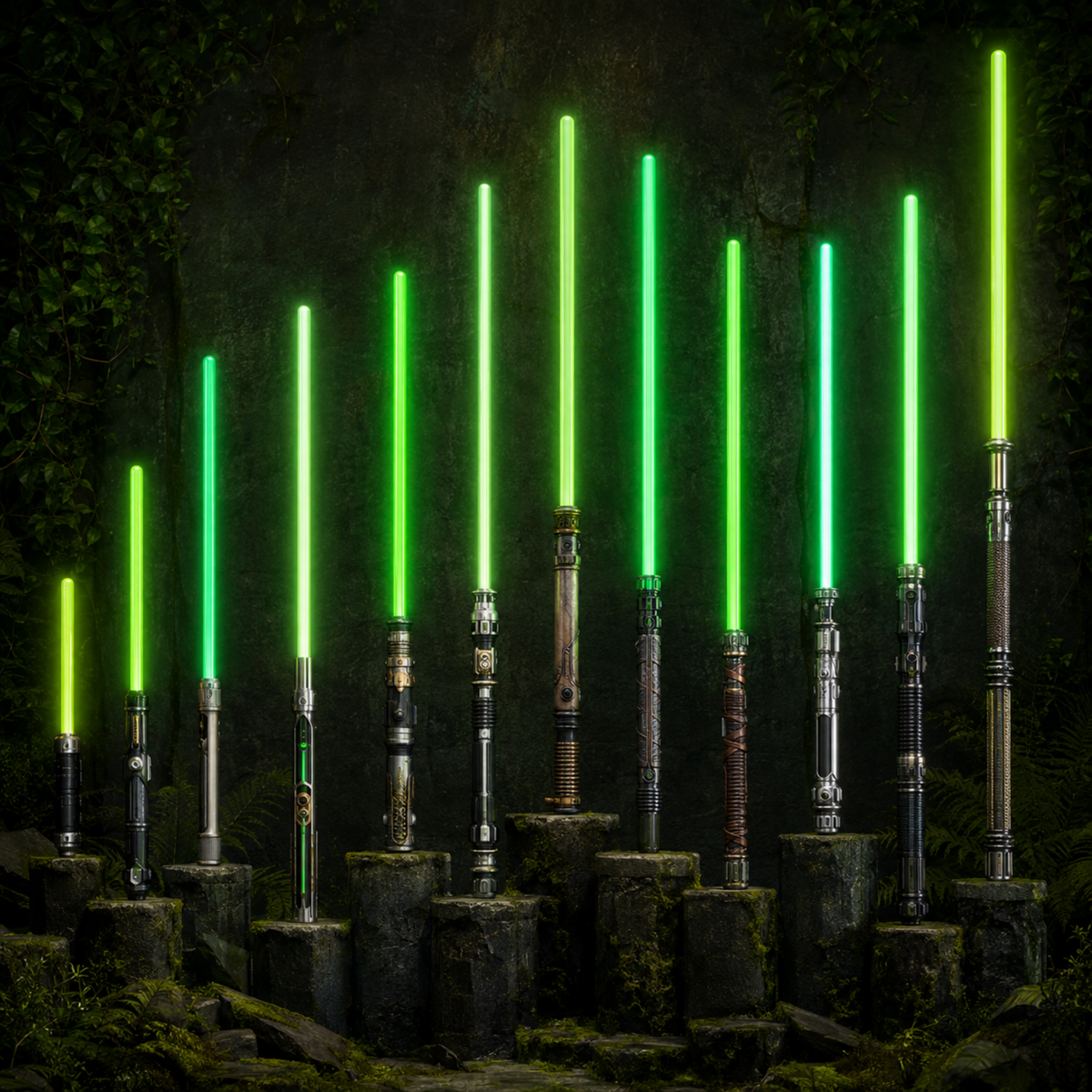 Eleven varied original green-bladed saber designs displayed for comparison