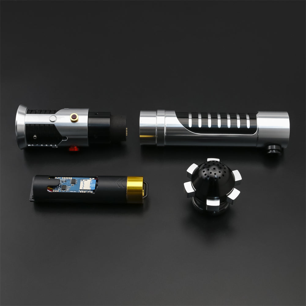 Obi EP1 lightsaber with ignited blue blade on dark grey supplier background