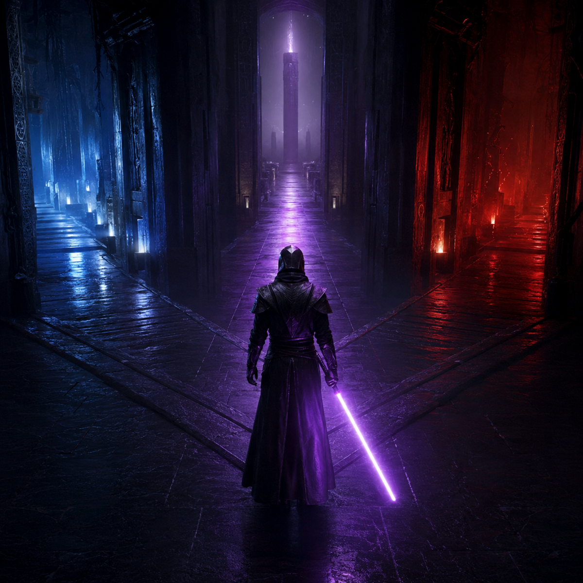 An original purple-bladed warrior choosing a path beyond blue and red