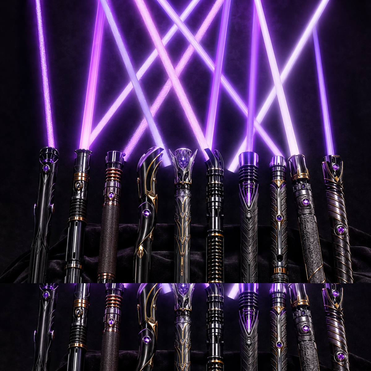 Nine rare original purple-bladed saber designs displayed for comparison