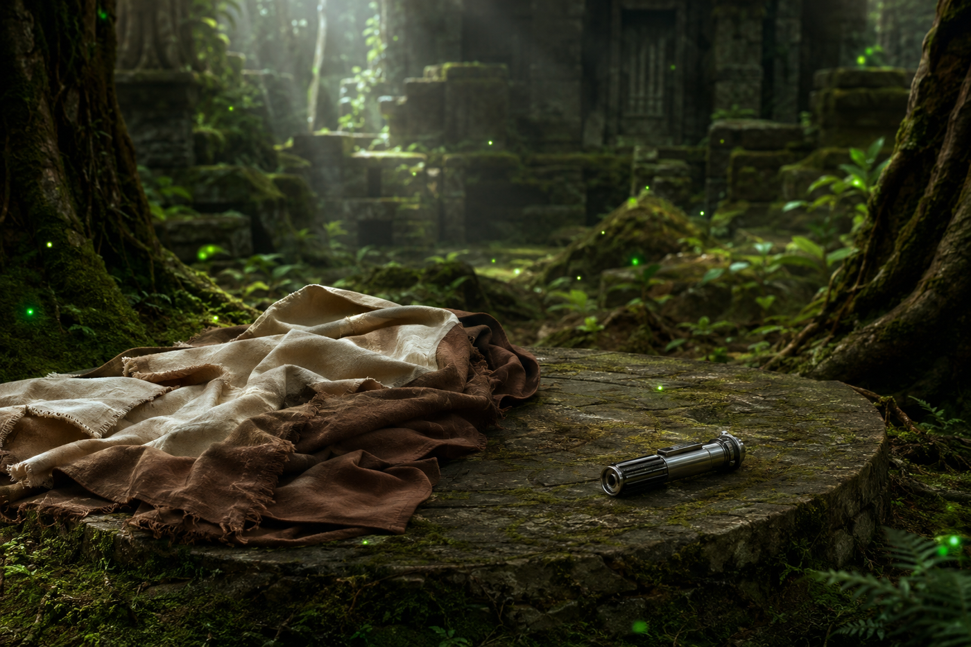 Jedi robes and saber hilt in a Living Force inspired forest sanctuary