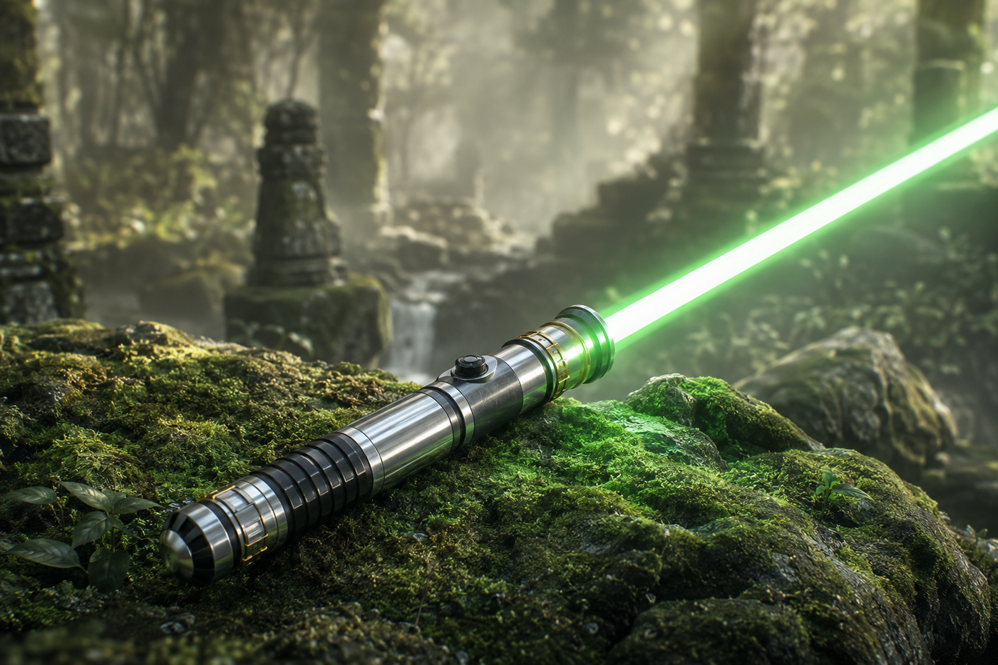 Green Qui-Gon Jinn inspired saber in an ancient forest