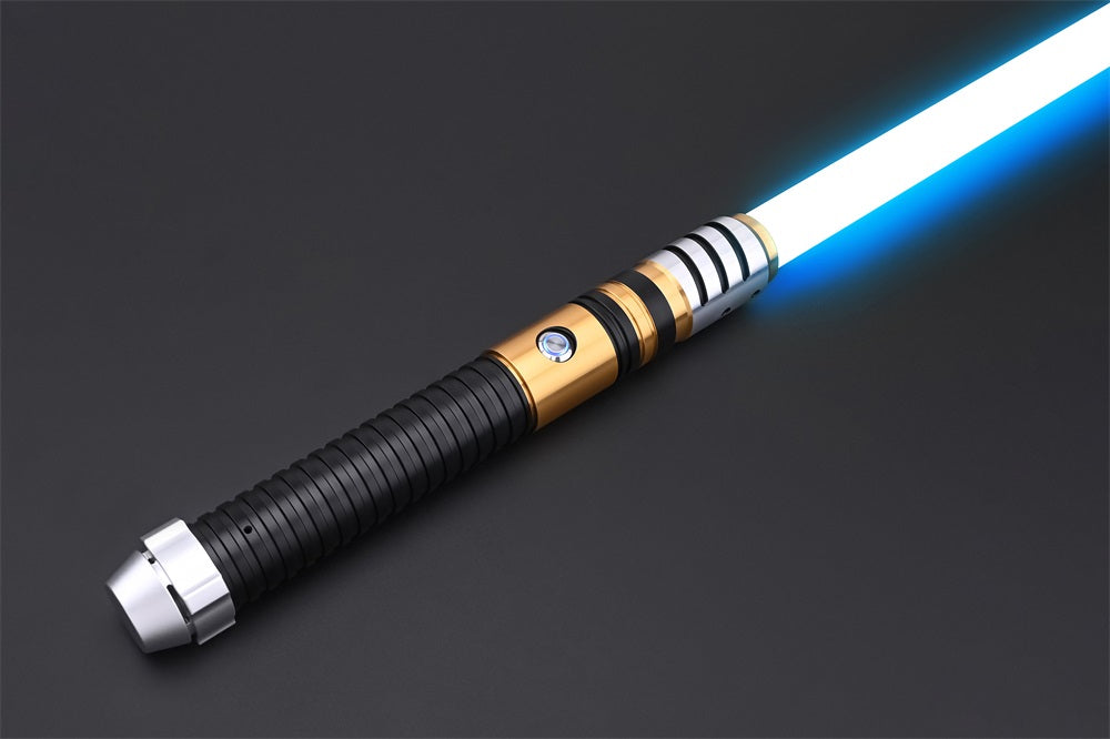 Tidebound Alloy lightsaber with blue ignited blade on dark studio background