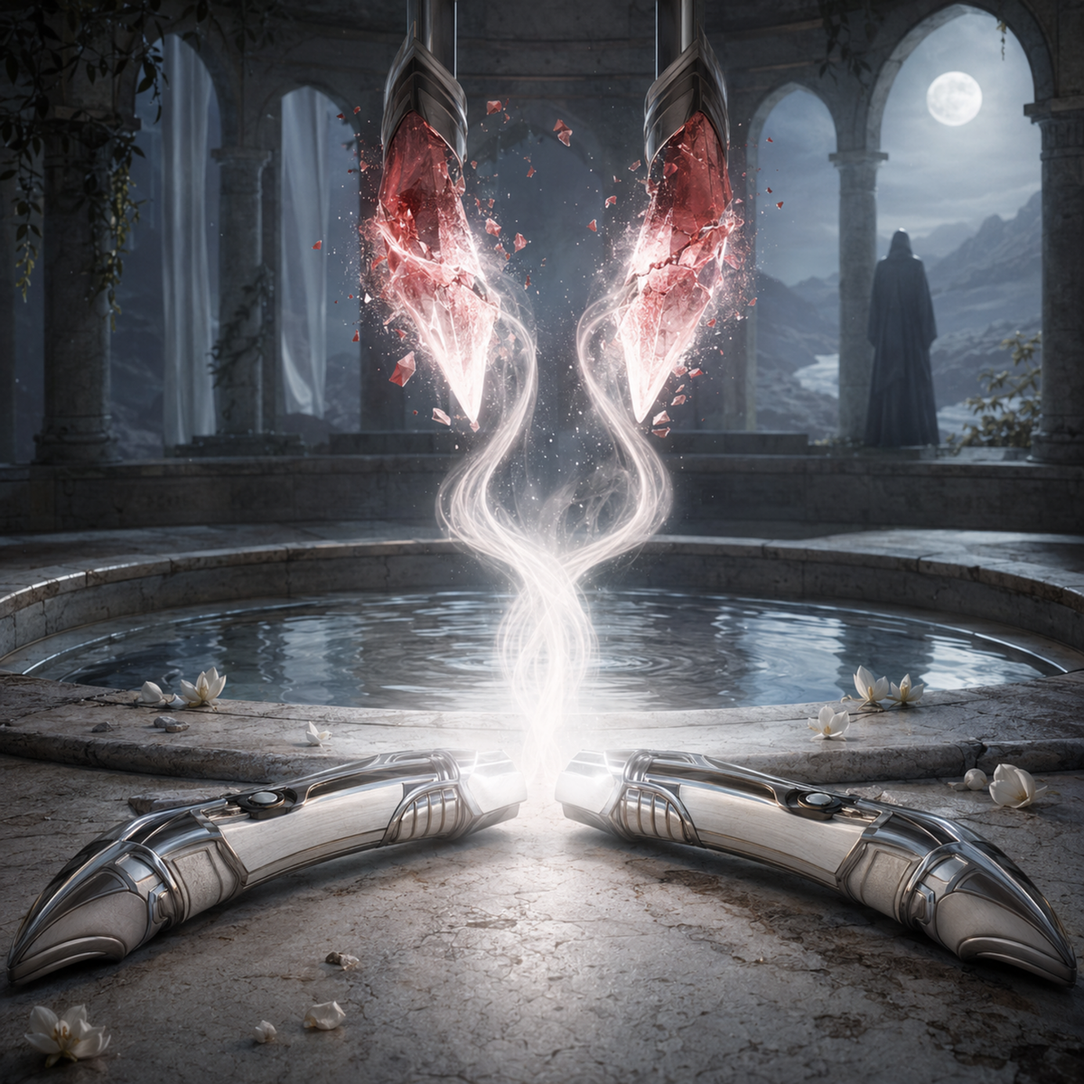 Two crystals transforming from red into white light above paired saber hilts