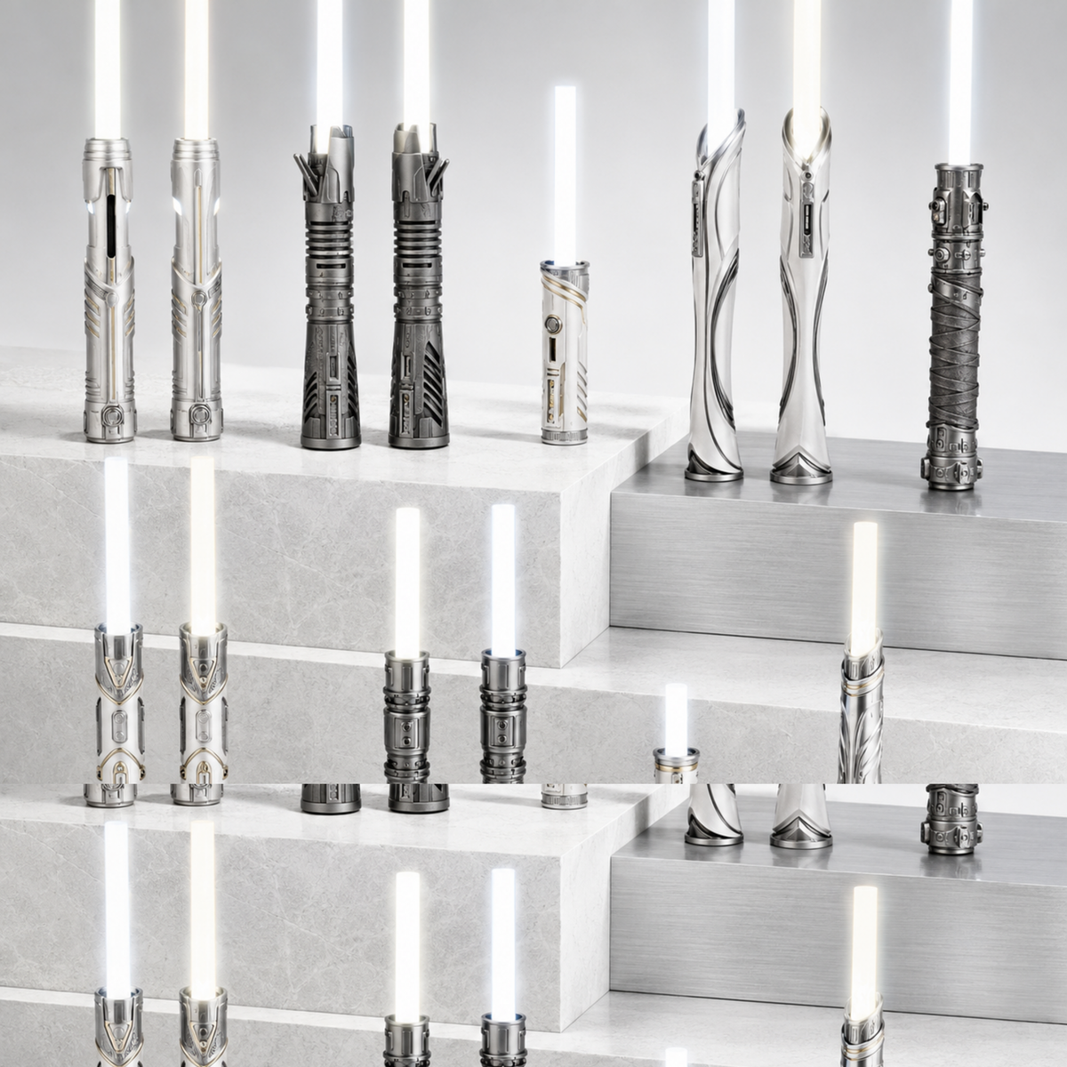 Ten original white-bladed saber designs arranged in pairs for comparison