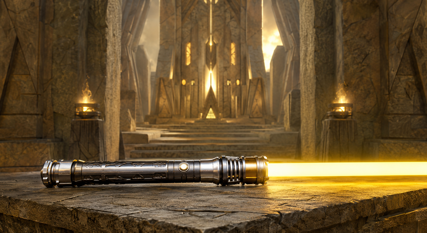 Original yellow-bladed saber in a golden guardian temple